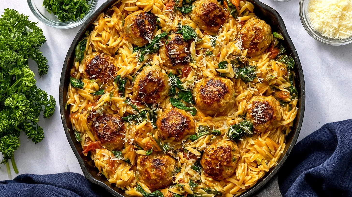 One Pan Tuscan Chicken Meatballs and Orzo