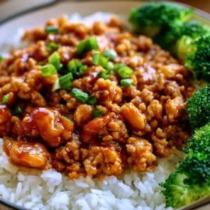 Bowl of orange chicken made with ground chicken and garnished with green onions.