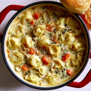 Bowl of quick chicken tortellini soup with vegetables and herbs