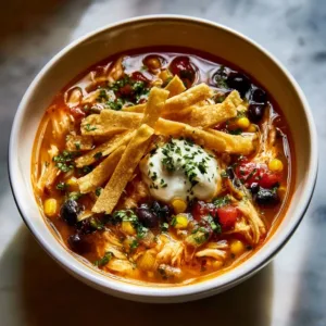 Bowl of quick Chicken Tortilla Soup garnished with tortilla strips and cilantro.