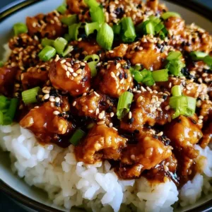 Delicious plate of Sesame Ground Chicken garnished with sesame seeds and green onions.