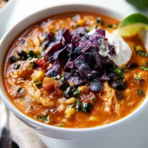 Bowl of slow cooker chicken enchilada soup topped with cheese and cilantro