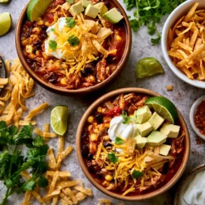 Bowl of slow cooker chicken tortilla soup garnished with tortilla strips and cilantro