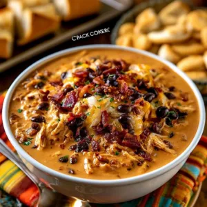 Slow Cooker Cream Cheese Crack Chicken Chili served in a bowl with toppings