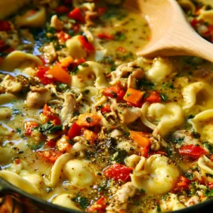 Bowl of spicy chicken tortellini soup with vegetables and herbs