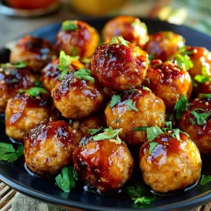 Sticky honey garlic chicken meatballs served on a white plate with garnish.