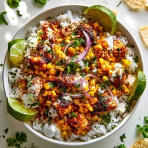 Delicious street corn chicken rice bowl garnished with fresh ingredients