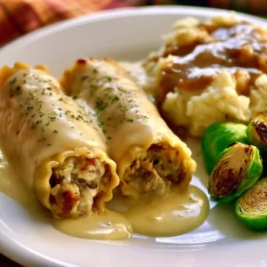 Turkey and Stuffing Roll Ups served with creamy gravy on a plate.