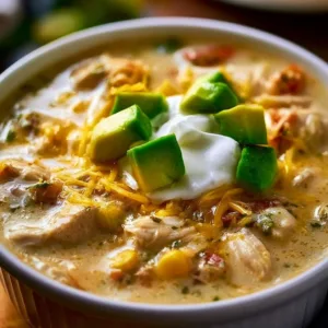 Delicious bowl of white chicken chili made in a crockpot, garnished with toppings.