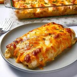 Creamy white chicken enchiladas topped with cheese and green sauce