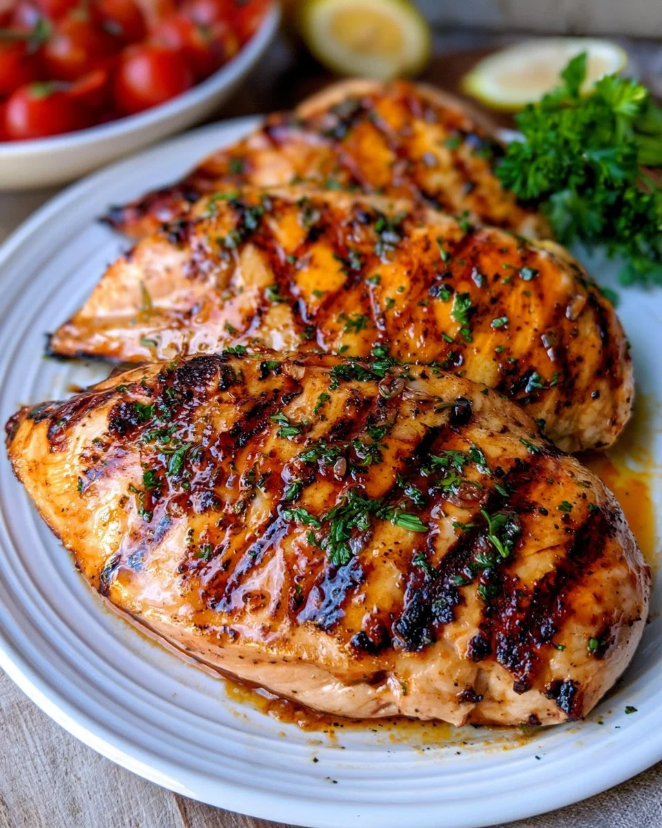Delicious grilled chicken breast on a plate with fresh herbs