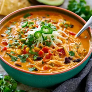Bowl of homemade Chicken Enchilada Soup topped with cheese and cilantro