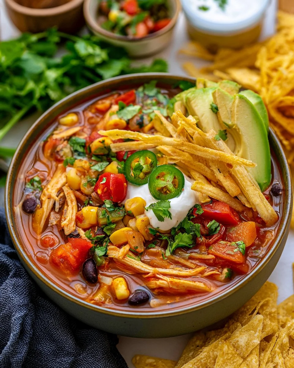 Delicious one pot Chicken Tortilla Soup with chicken, corn, and tortillas