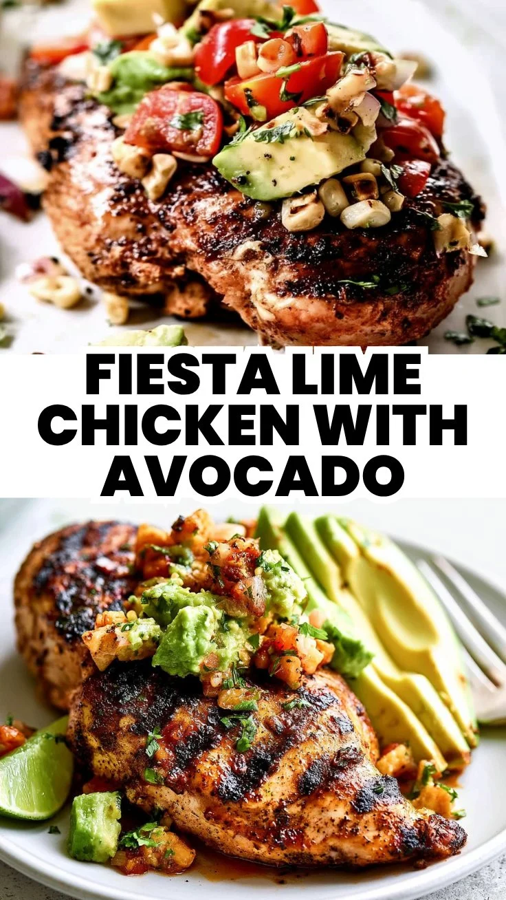 Plate of Fiesta Lime Chicken topped with fresh avocado slices and garnished with lime.