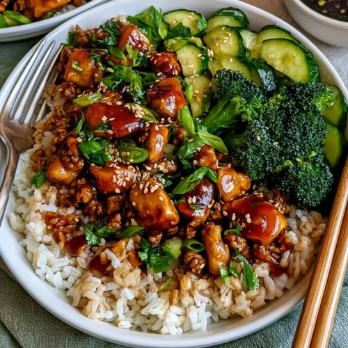 Honey Garlic Ground Chicken Rice Bowl topped with green onions