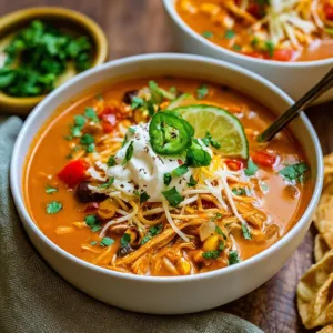 Delicious Instant Pot chicken enchilada soup served in a bowl with toppings