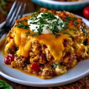 Delicious Turkey Cheeseburger Casserole topped with cheese and herbs