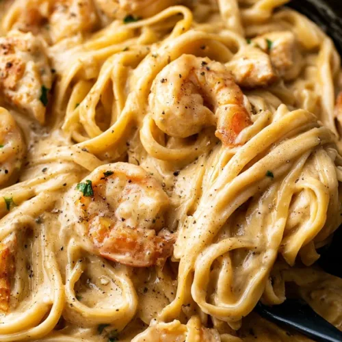 Creamy Cajun Chicken and Shrimp Alfredo dish garnished with herbs