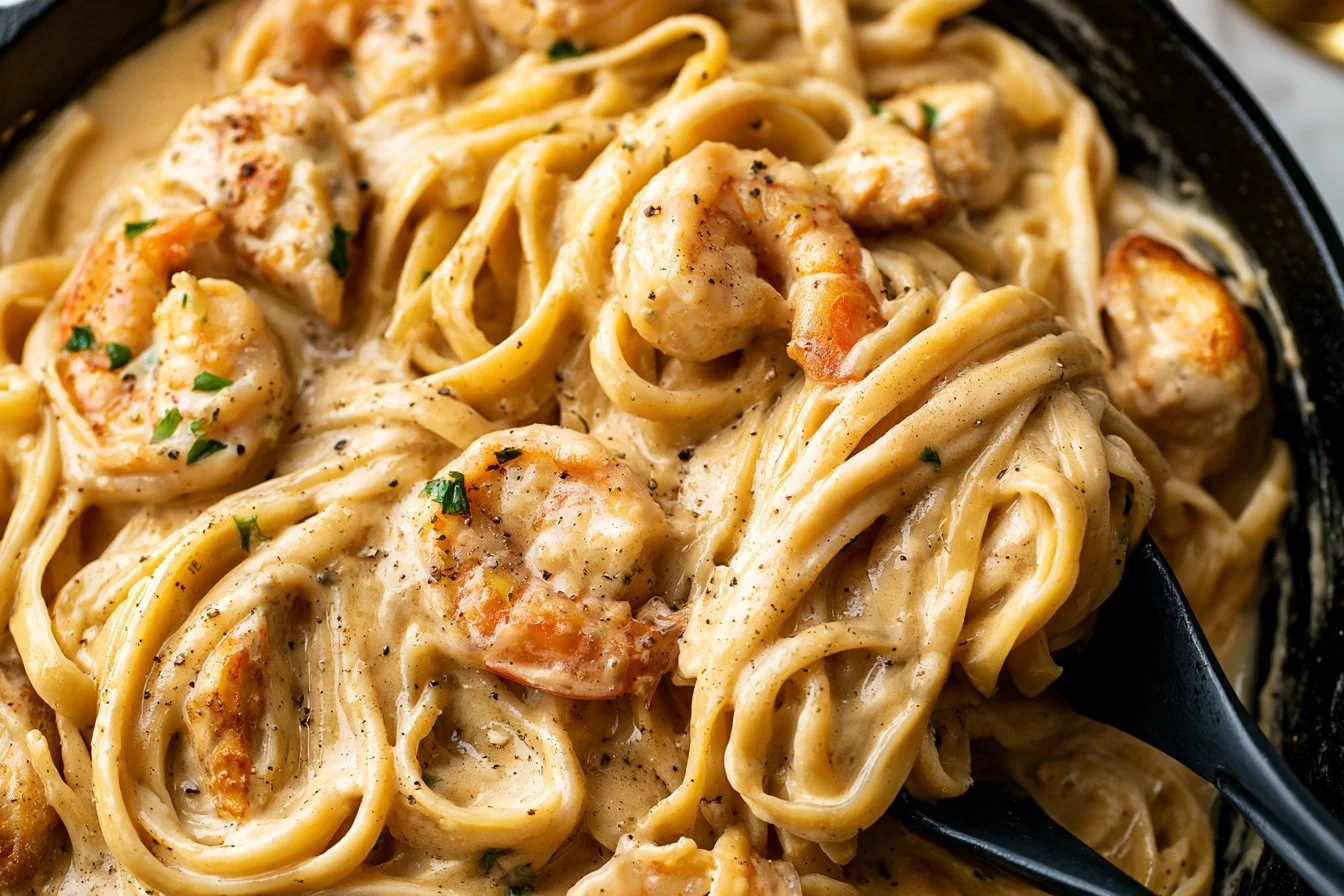 Creamy Cajun Chicken and Shrimp Alfredo dish garnished with herbs
