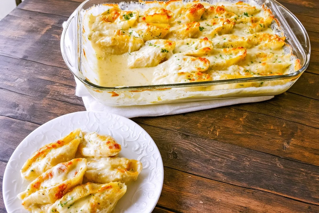 Chicken Alfredo Stuffed Shells Recipe | Homemade Cheese Pasta Dish, Chicken Alfredo Stuffed Shells Crockpot, Chicken Alfredo Stuffed Shells Casserole