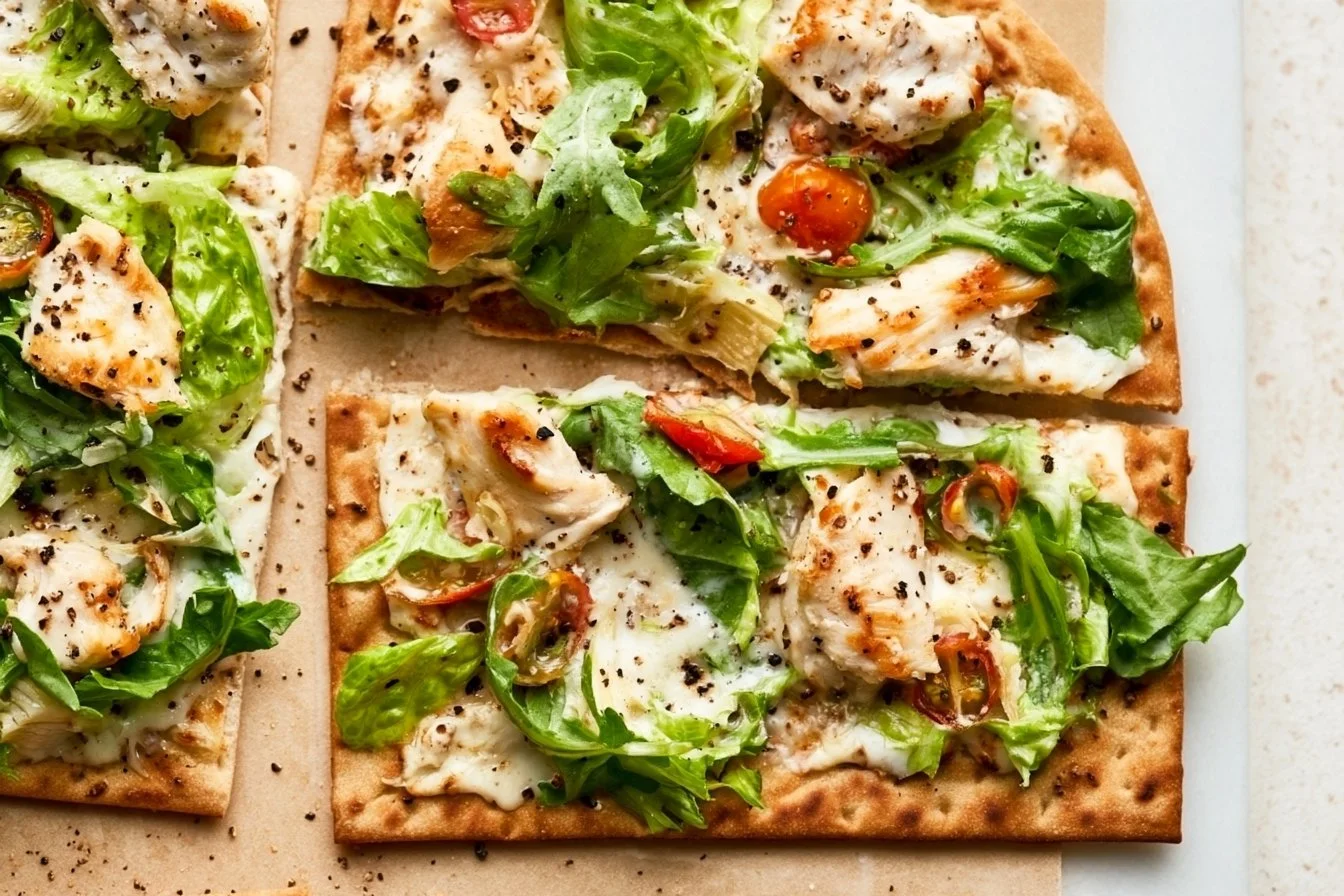 Delicious Chicken Caesar Flatbread Pizza topped with fresh ingredients
