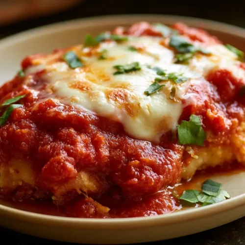 Delicious Chicken Parmesan served with pasta and marinara sauce