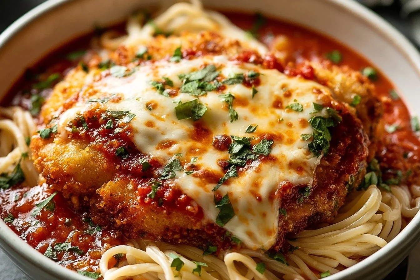 Classic Italian Chicken Parmesan with marinara sauce and melted cheese