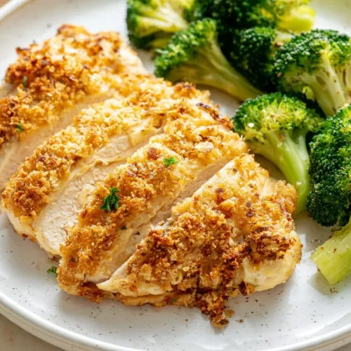 Delicious plate of Copycat Longhorn Parmesan Crusted Chicken garnished with herbs.