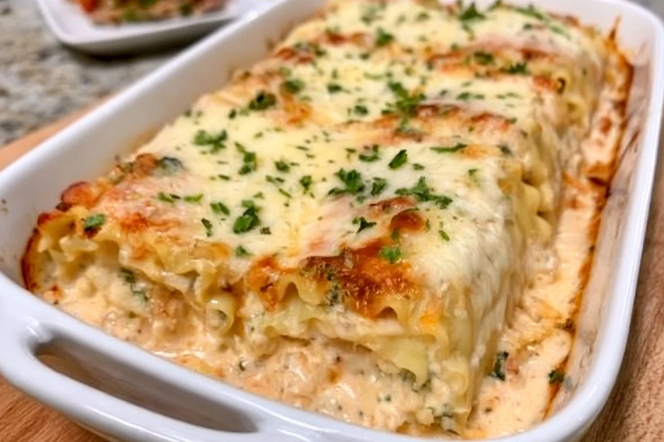 Creamy Chicken Alfredo Lasagna Rollups served on a plate