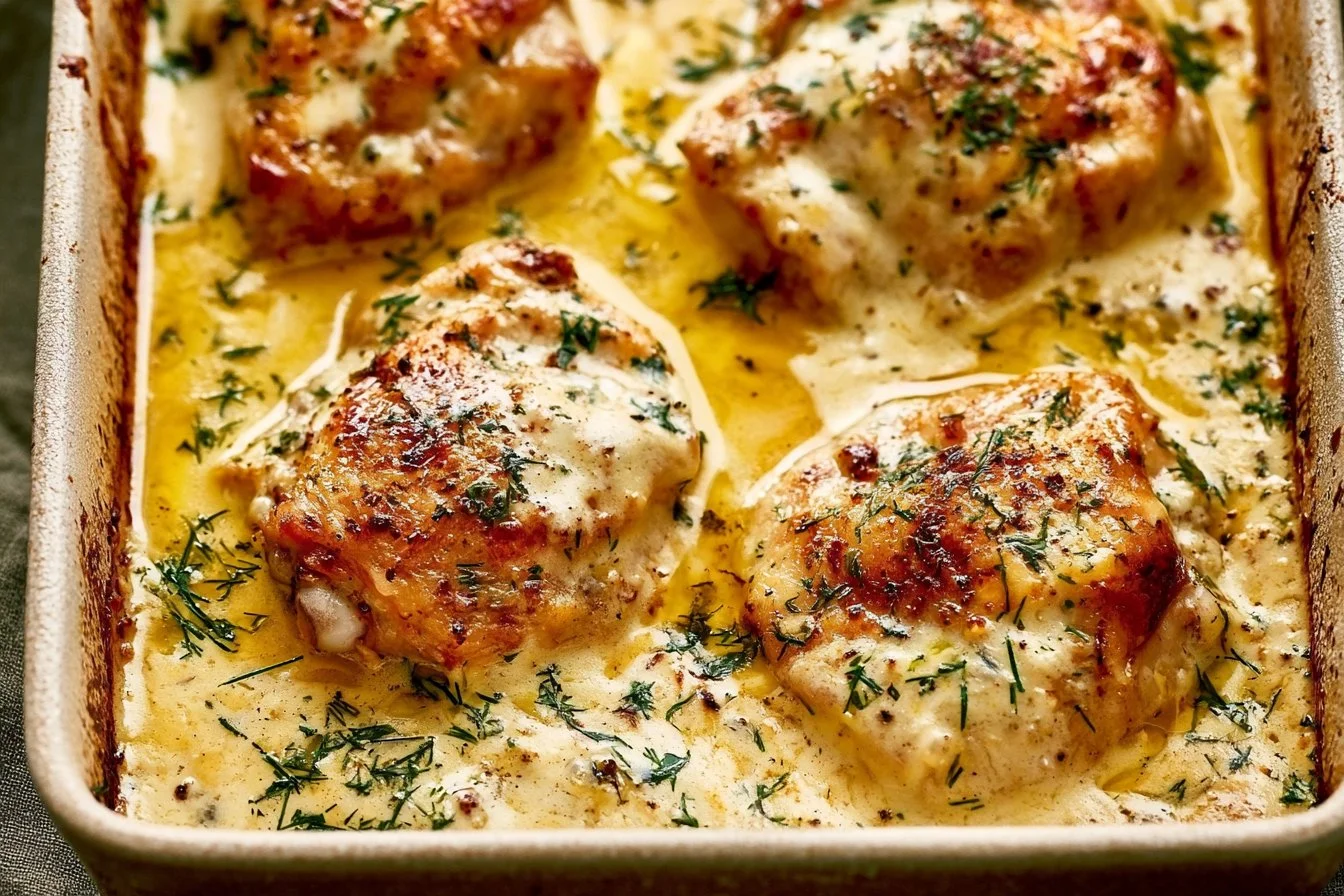 Creamy oven baked chicken thighs prepared with herbs and spices.