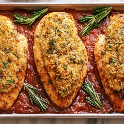 Dish of easy baked chicken parm topped with melted cheese and fresh herbs