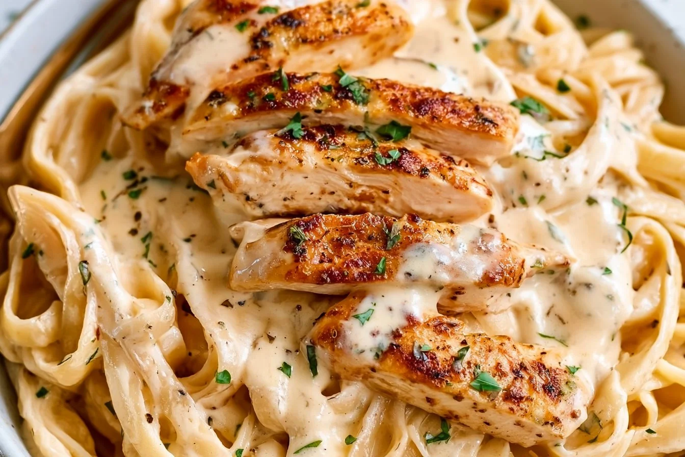 Creamy Chicken Alfredo dish served with pasta and garnished with parsley