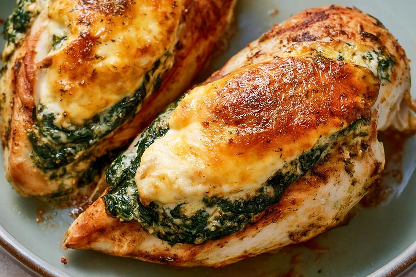 Healthy spinach stuffed chicken dish garnished with herbs on a plate