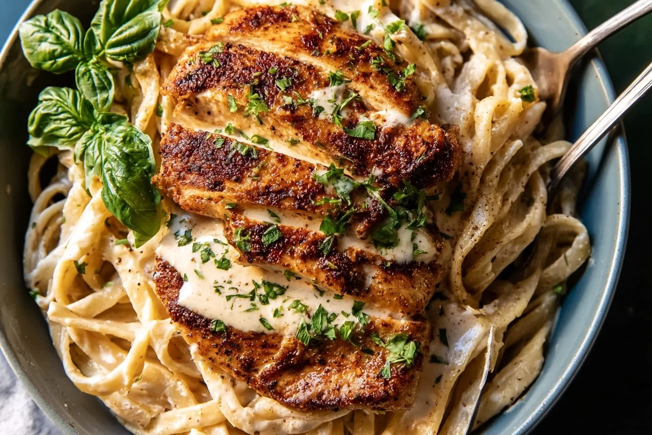 Lemon Pepper Cajun Chicken Fettuccine Alfredo served in a bowl