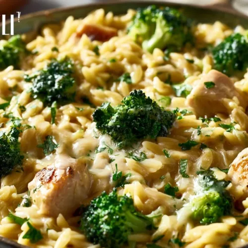 Delicious One Pot Broccoli Cheese Orzo served in a bowl with cheese and broccoli.