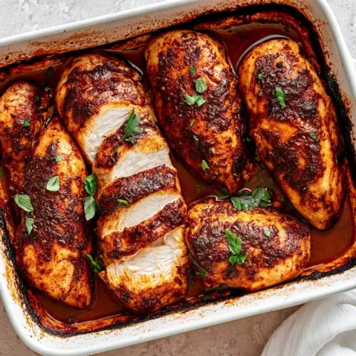 Juicy oven baked chicken breast served with vegetables on a plate.