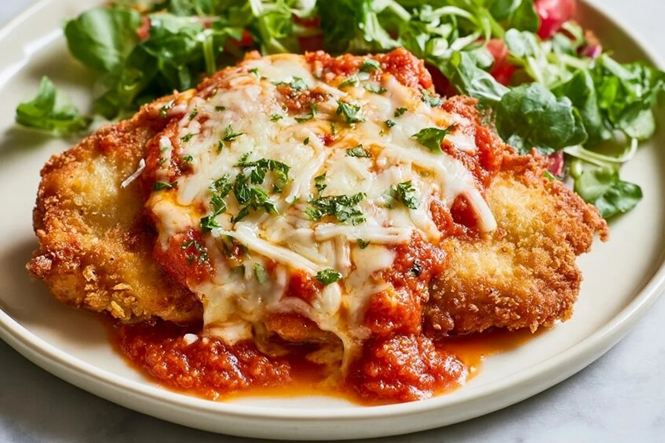 Delicious homemade chicken parmesan with marinara sauce and melted cheese